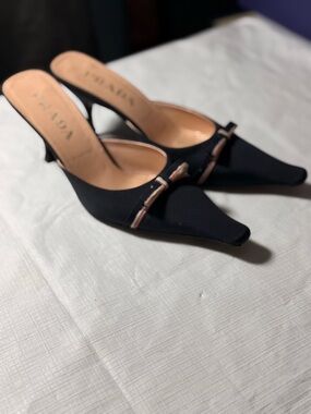 Prada Navy Blue Pointed Kitten Heel Mules with Bow Accent